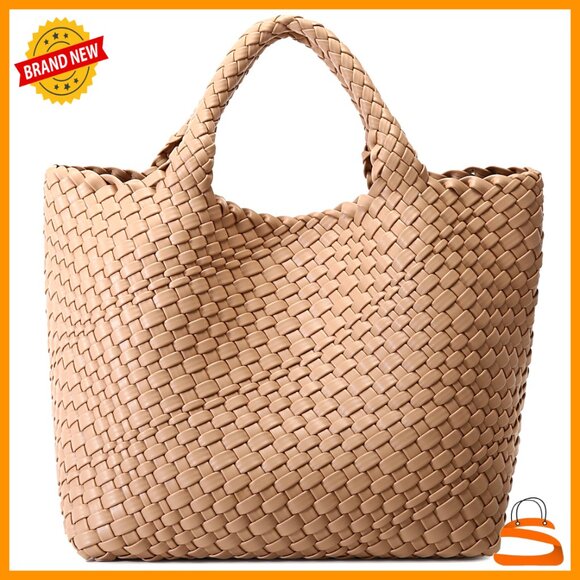 Vegan Leather Woven Tote with Clutch Large Capacity Travel Shoulder Bag